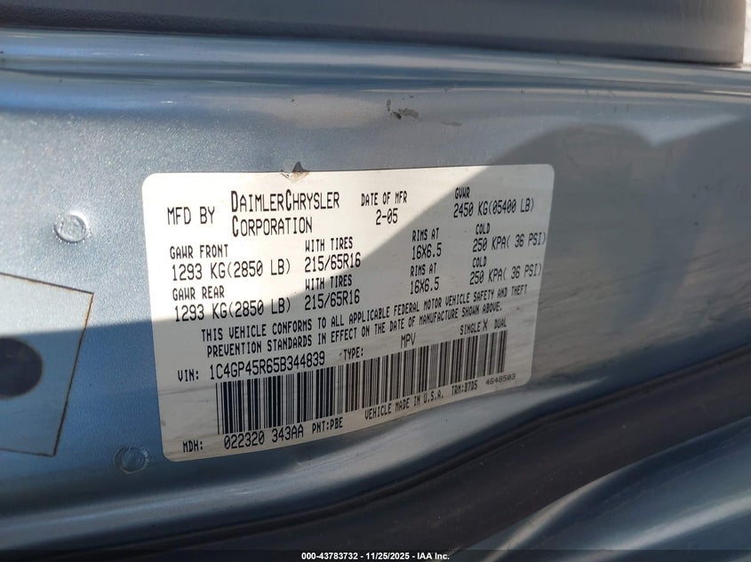 2005 Chrysler Town & Country VIN: 1C4GP45R65B344839 Lot: 43783732