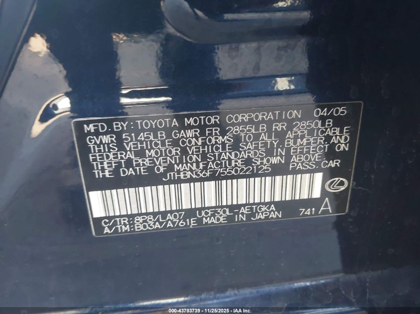 2005 Lexus Ls 430 VIN: JTHBN36F755022125 Lot: 43783739
