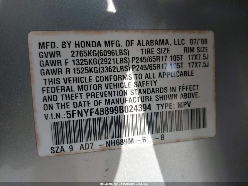 2009 Honda Pilot Touring VIN: 5FNYF48899B024394 Lot: 43783743