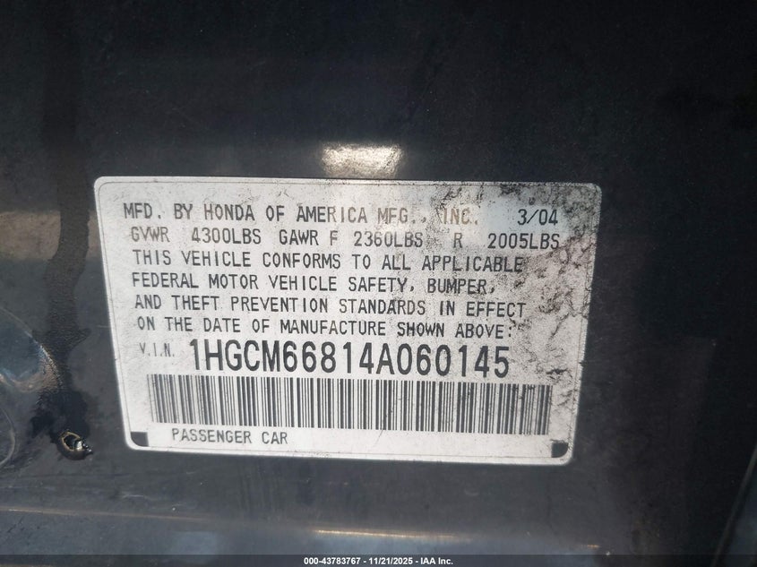1HGCM66814A060145 2004 HONDA ACCORD photo no. 9