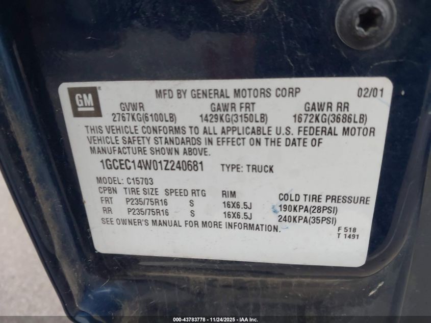 2001 Chevrolet Silverado 1500 VIN: 1GCEC14W01Z240681 Lot: 43783778