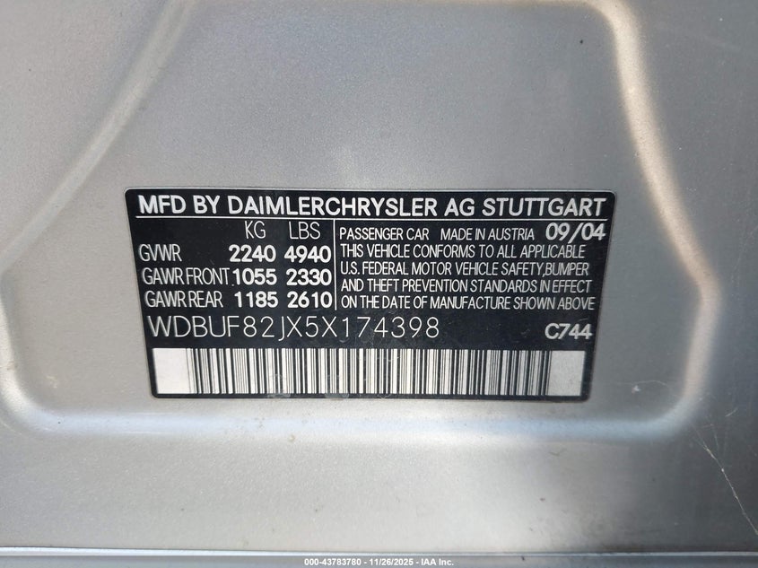 2005 Mercedes-Benz E 320 4Matic VIN: WDBUF82JX5X174398 Lot: 43783780