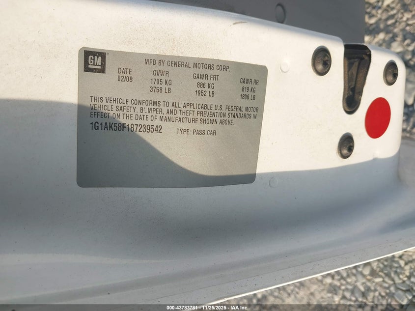 2008 Chevrolet Cobalt Ls VIN: 1G1AK58F187239542 Lot: 43783781