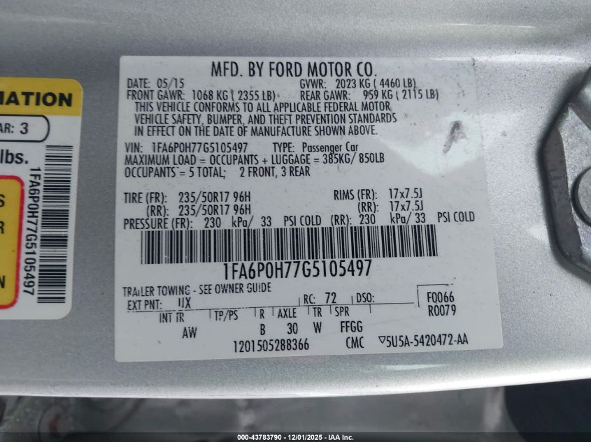 2016 Ford Fusion Se VIN: 1FA6P0H77G5105497 Lot: 43783790