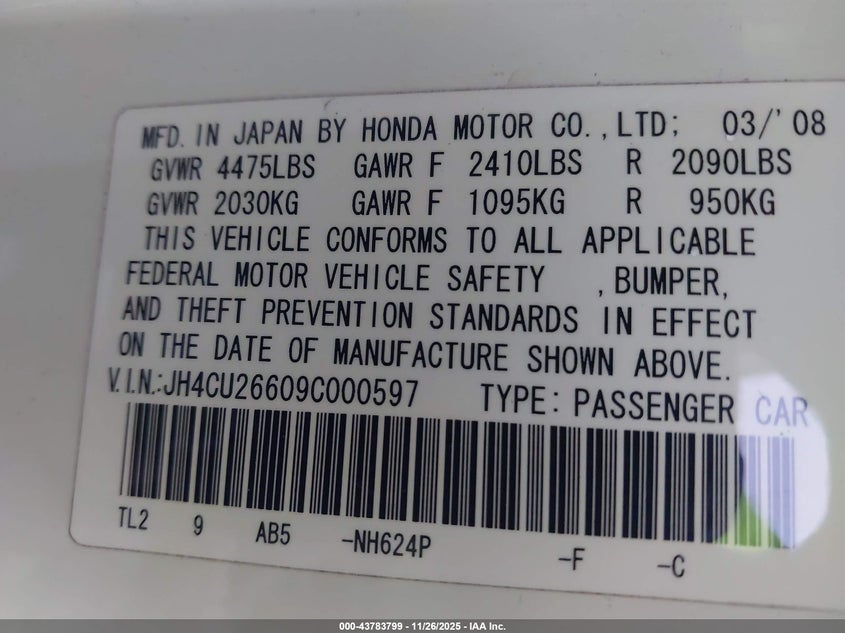 2009 Acura Tsx VIN: JH4CU26609C000597 Lot: 43783799