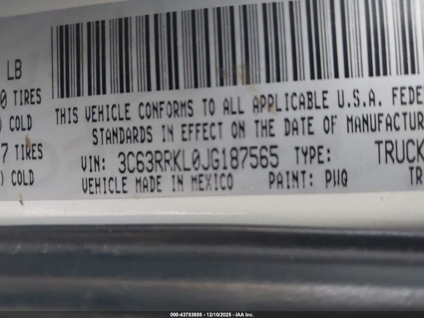 2018 Ram 3500 Laramie Longhorn 4X4 8' Box VIN: 3C63RRKL0JG187565 Lot: 43783808