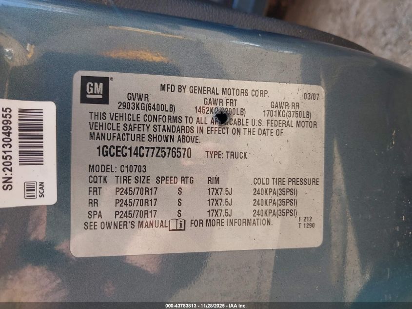 2007 Chevrolet Silverado 1500 Work Truck VIN: 1GCEC14C77Z576570 Lot: 43783813
