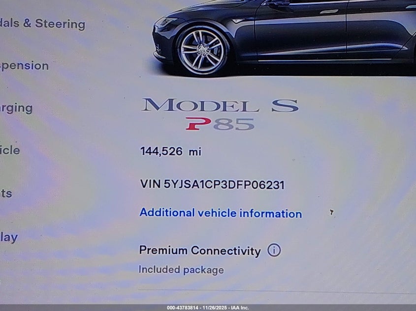 2013 Tesla Model S Performance VIN: 5YJSA1CP3DFP06231 Lot: 43783814