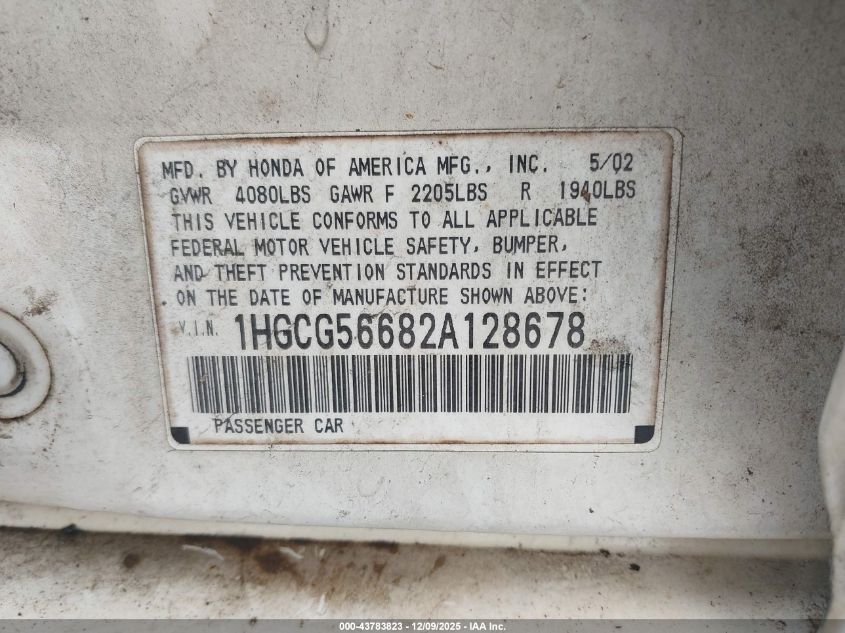 2002 Honda Accord 2.3 Ex VIN: 1HGCG56682A128678 Lot: 43783823