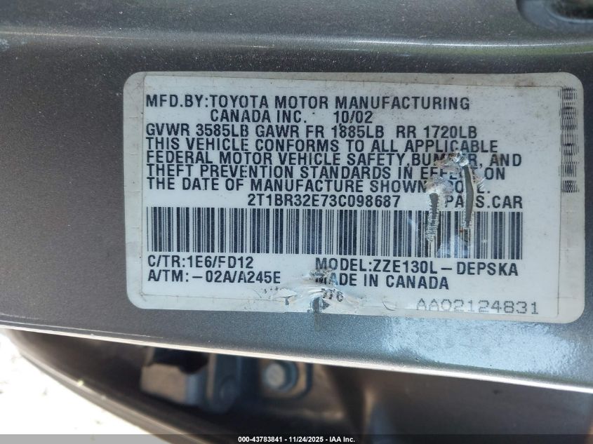 2003 Toyota Corolla S VIN: 2T1BR32E73C098687 Lot: 43783841