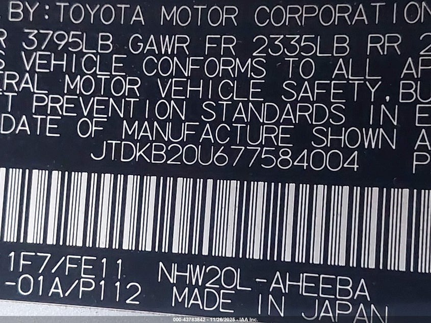 2007 Toyota Prius VIN: JTDKB20U677584004 Lot: 43783842