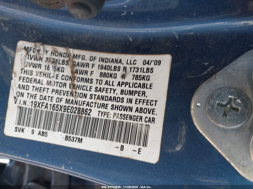 2009 Honda Civic Lx VIN: 19XFA165X9E028862 Lot: 43783849