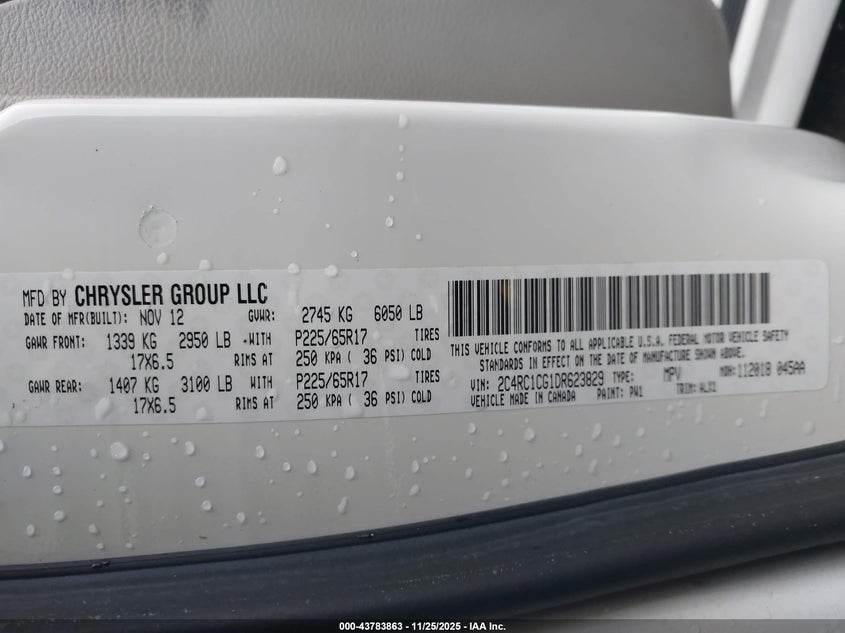 2013 Chrysler Town & Country Touring-L VIN: 2C4RC1CG1DR623829 Lot: 43783863