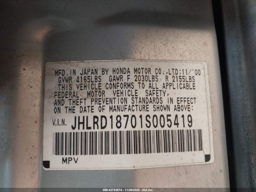 2001 Honda Cr-V Special Edition VIN: JHLRD18701S005419 Lot: 43783874