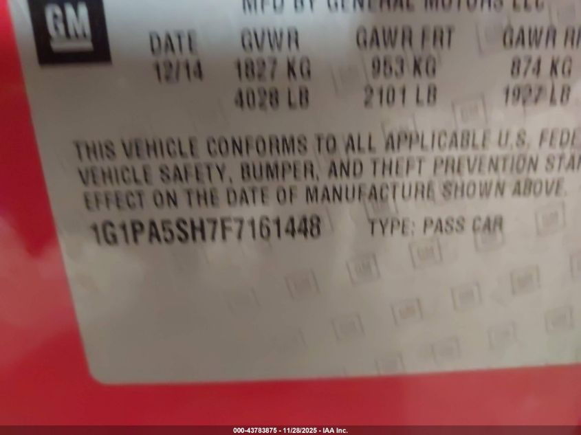 2015 Chevrolet Cruze Ls Auto VIN: 1G1PA5SH7F7161448 Lot: 43783875