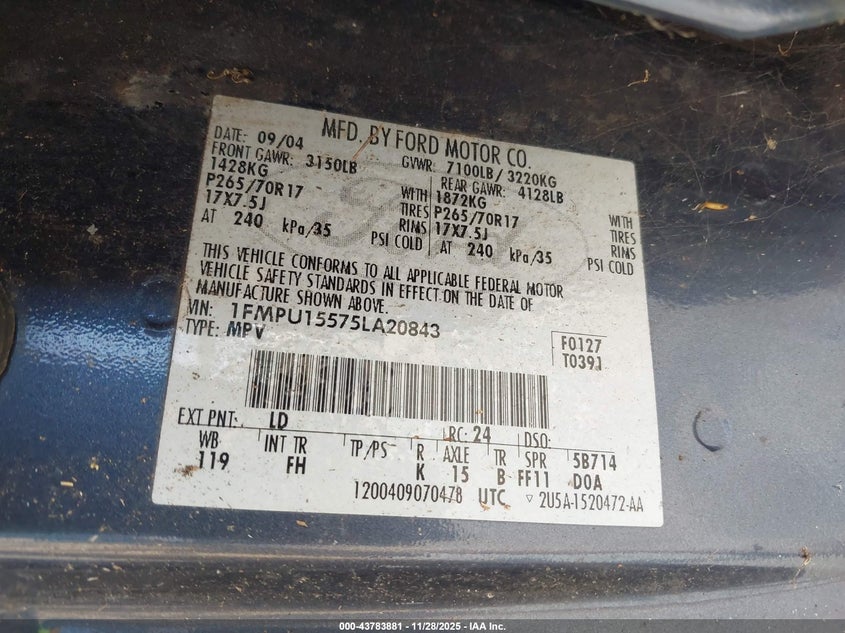 2005 Ford Expedition Xlt VIN: 1FMPU15575LA20843 Lot: 43783881