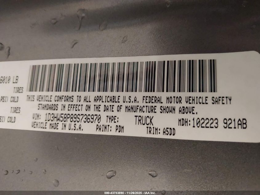 2009 Dodge Dakota Laramie VIN: 1D3HW58P89S736970 Lot: 43783890