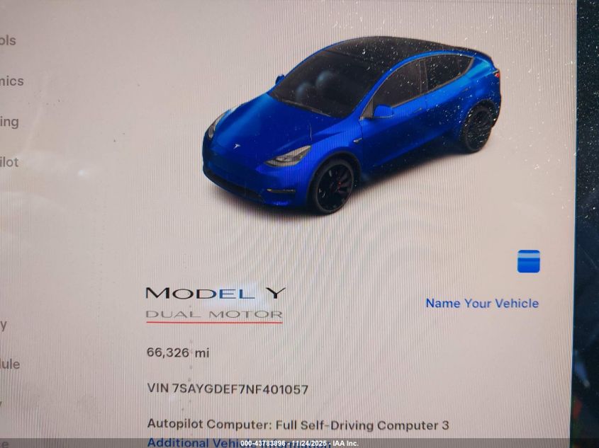 2022 Tesla Model Y Performance Dual Motor All-Wheel Drive VIN: 7SAYGDEF7NF401057 Lot: 43783896