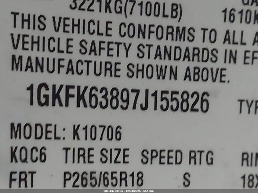 2007 GMC Yukon Denali VIN: 1GKFK63897J155826 Lot: 43783905