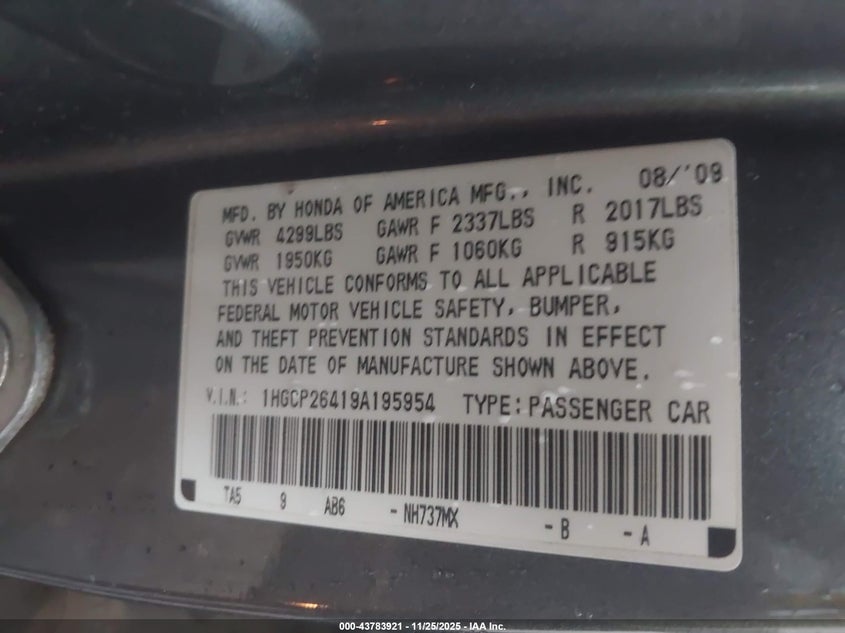 2009 Honda Accord 2.4 Lx-P VIN: 1HGCP26419A195954 Lot: 43783921