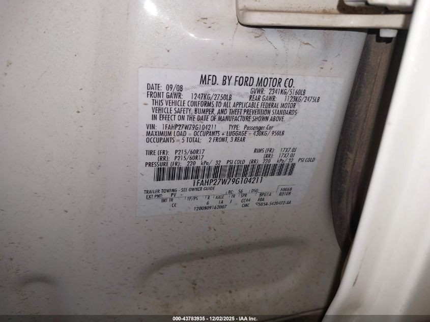 2009 Ford Taurus Sel VIN: 1FAHP27W79G104211 Lot: 43783935