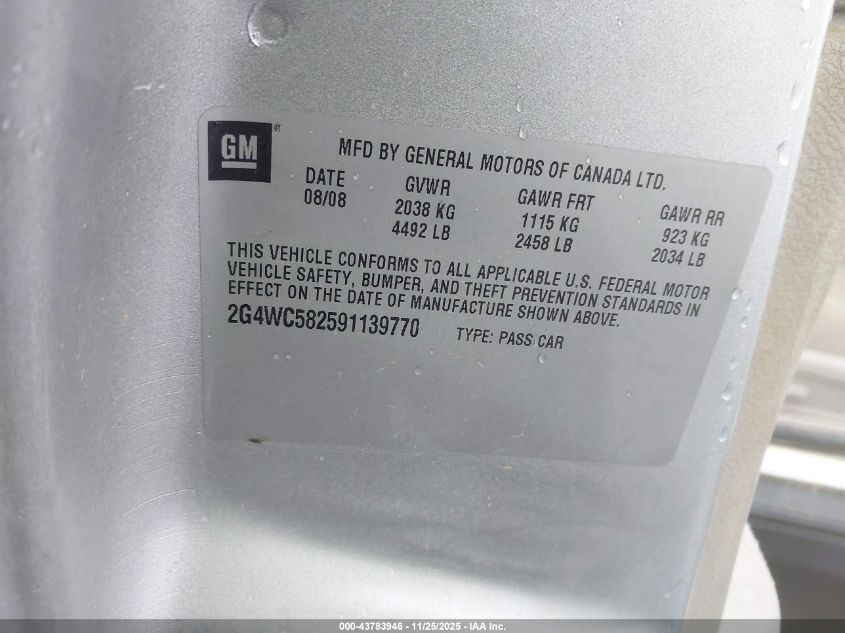 2009 Buick Lacrosse Cx VIN: 2G4WC582591139770 Lot: 43783946