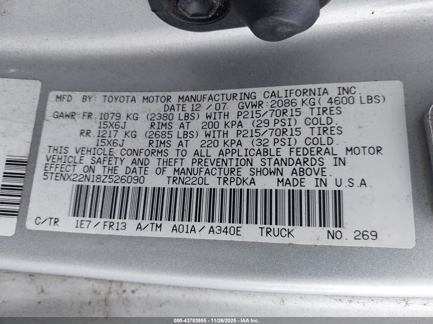 2008 Toyota Tacoma VIN: 5TENX22N18Z526090 Lot: 43783955