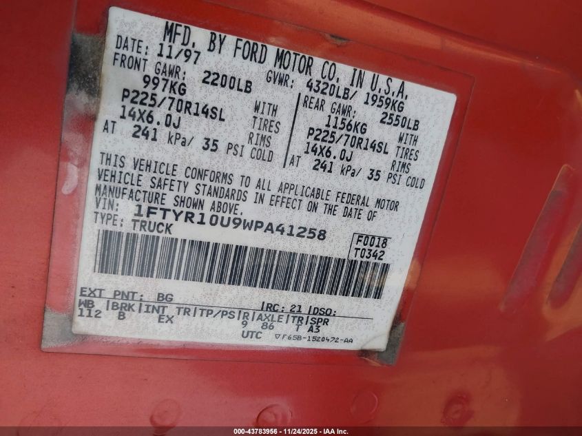 1998 Ford Ranger Splash/Xl/Xlt VIN: 1FTYR10U9WPA41258 Lot: 43783956