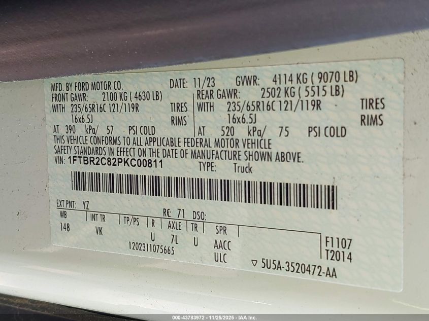 2023 Ford Transit-250 VIN: 1FTBR2C82PKC00811 Lot: 43783972