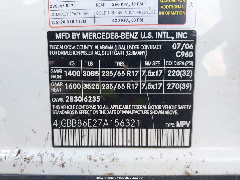 2007 Mercedes-Benz Ml 350 4Matic VIN: 4JGBB86E27A156321 Lot: 43783980