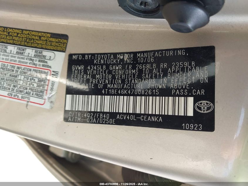 2007 Toyota Camry Le VIN: 4T1BE46K47U082615 Lot: 43783996