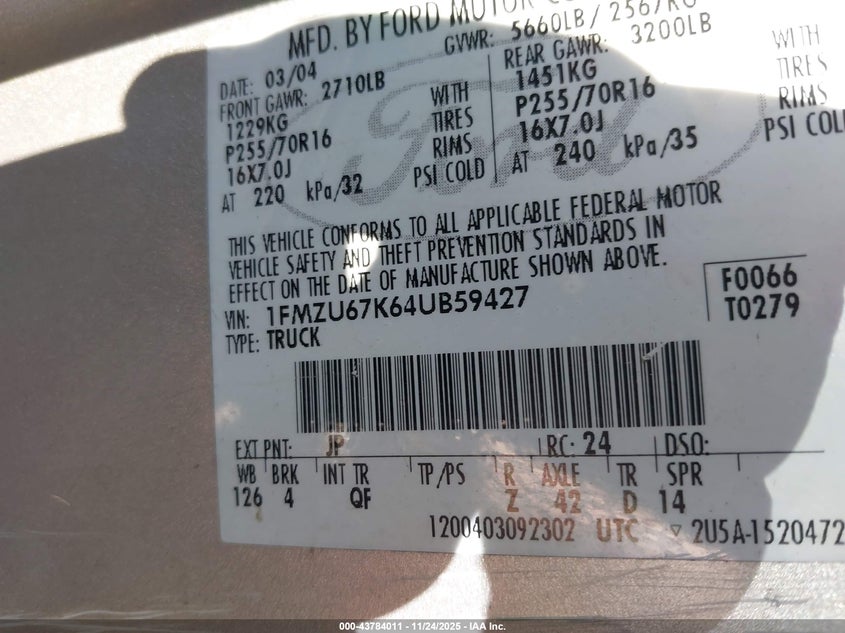 2004 Ford Explorer Sport Trac Adrenalin/Xls/Xlt VIN: 1FMZU67K64UB59427 Lot: 43784011