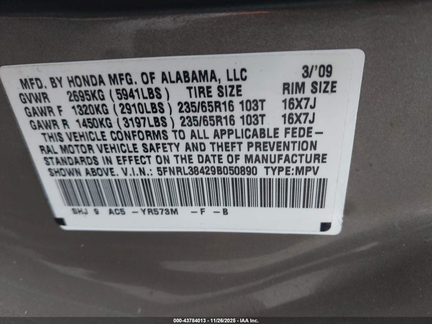 2009 Honda Odyssey Ex VIN: 5FNRL38429B050890 Lot: 43784013