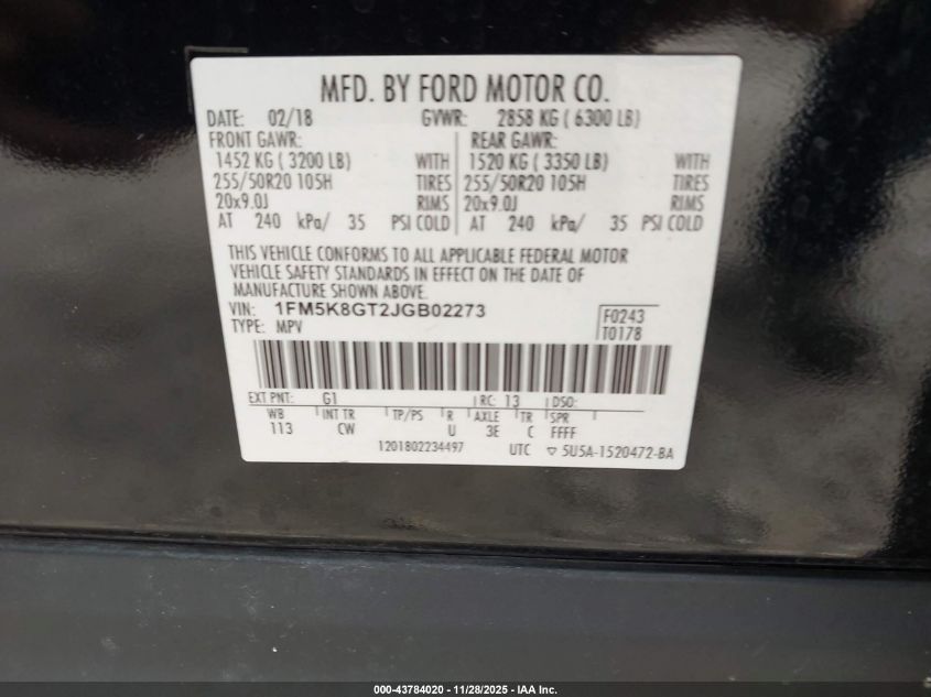 2018 Ford Explorer Sport VIN: 1FM5K8GT2JGB02273 Lot: 43784020