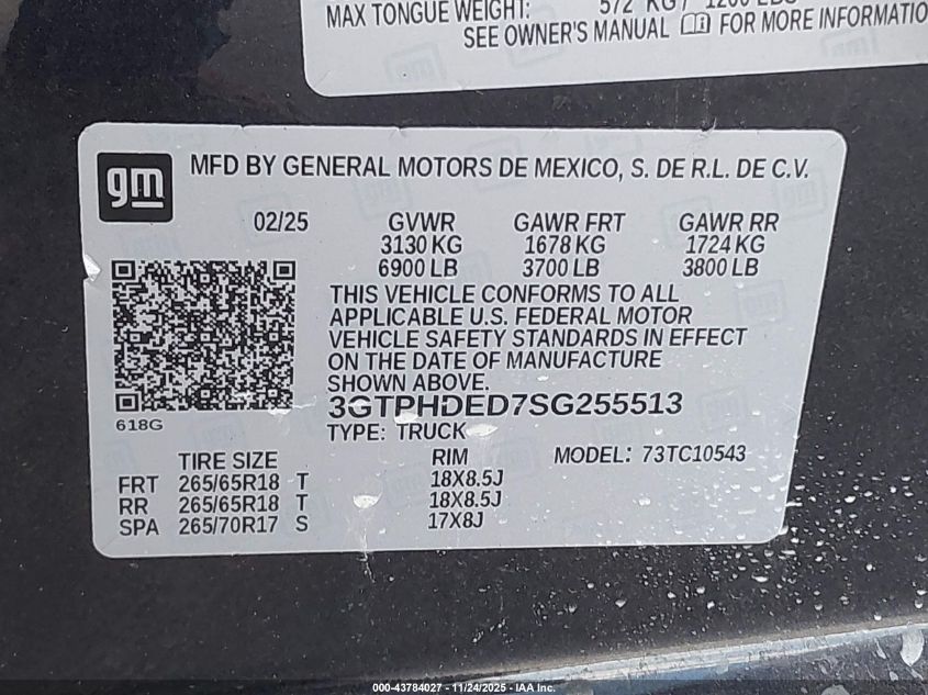 2025 GMC Sierra 1500 2Wd Short Box Slt VIN: 3GTPHDED7SG255513 Lot: 43784027