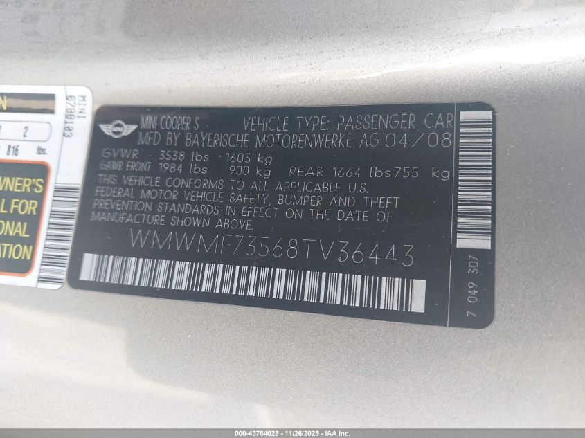 2008 Mini Cooper S VIN: WMWMF73568TV36443 Lot: 43784028