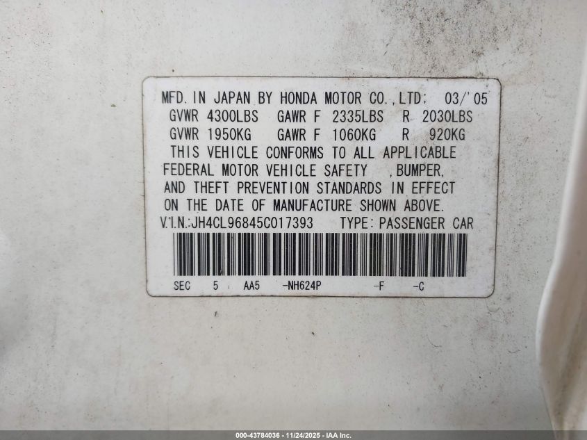 2005 Acura Tsx VIN: JH4CL96845C017393 Lot: 43784036