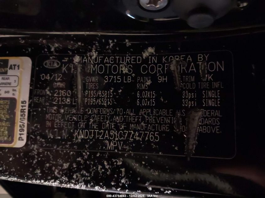 2012 Kia Soul VIN: 0KNDJ12A517747765 Lot: 43784043