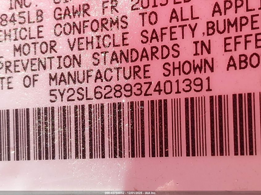 2003 Pontiac Vibe VIN: 5Y2SL62893Z401391 Lot: 43784052