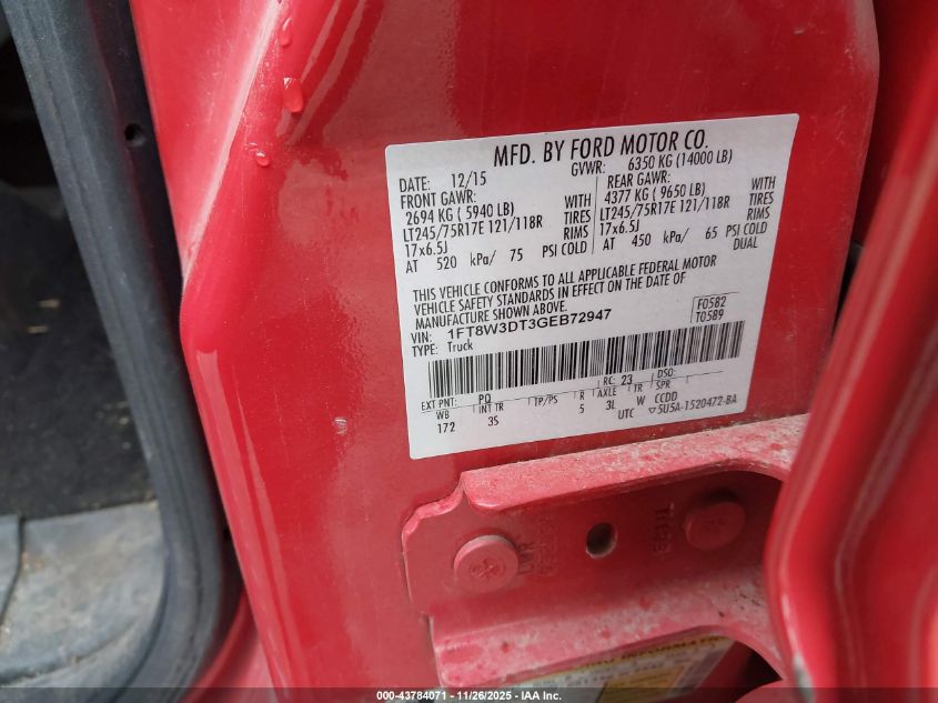 2016 Ford F-350 Xlt VIN: 1FT8W3DT3GEB72947 Lot: 43784071