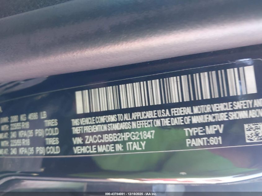 2017 Jeep Renegade Altitude 4X4 VIN: ZACCJBBB2HPG21847 Lot: 43784081