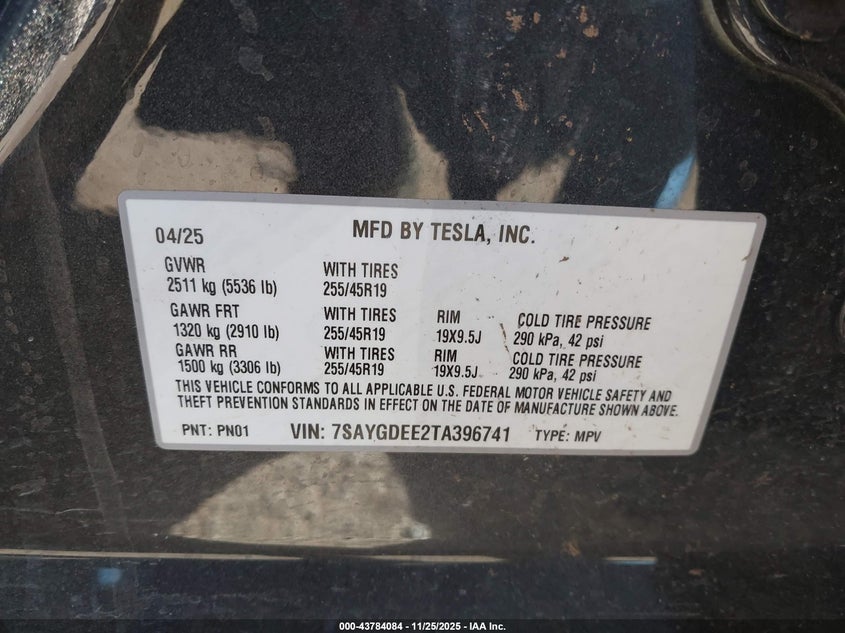 2026 Tesla Model Y Long Range Dual Motor All-Wheel Drive/Long Range Launch Series VIN: 7SAYGDEE2TA396741 Lot: 43784084