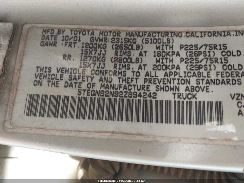 2002 Toyota Tacoma Prerunner V6 VIN: 5TEGN92N92Z894242 Lot: 43784086