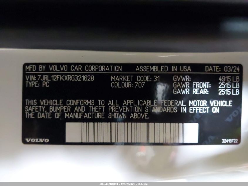 2024 Volvo S60 B5 Core Dark Theme VIN: 7JRL12FKXRG321628 Lot: 43784091