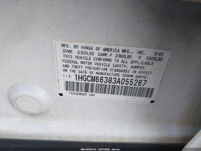2003 Honda Accord 3.0 Lx VIN: 1HGCM66383A055267 Lot: 43784110