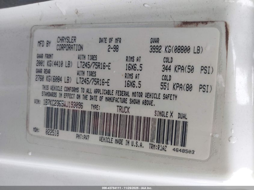 1998 Dodge Ram 2500 VIN: 1B7KC2365WJ193096 Lot: 43784111