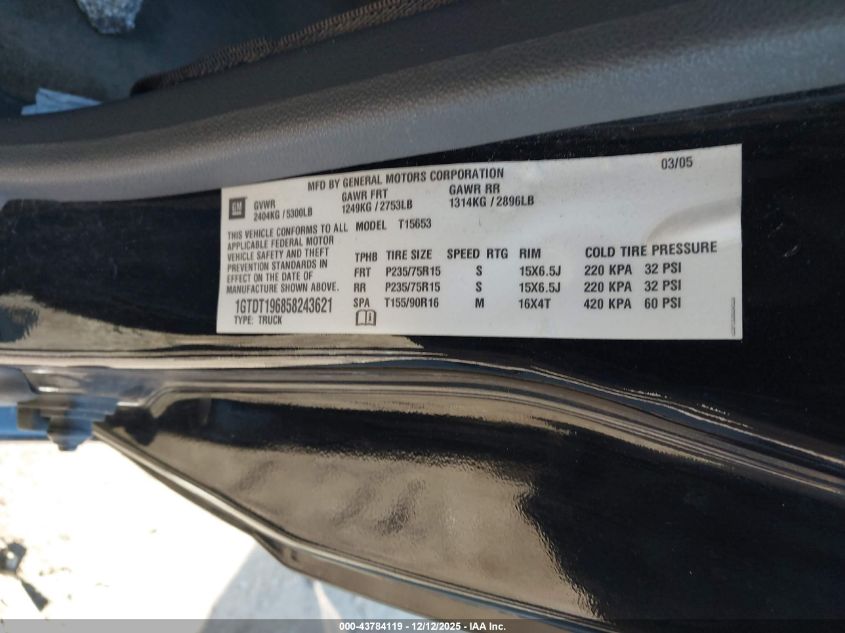 2005 GMC Canyon Sle VIN: 1GTDT196858243621 Lot: 43784119