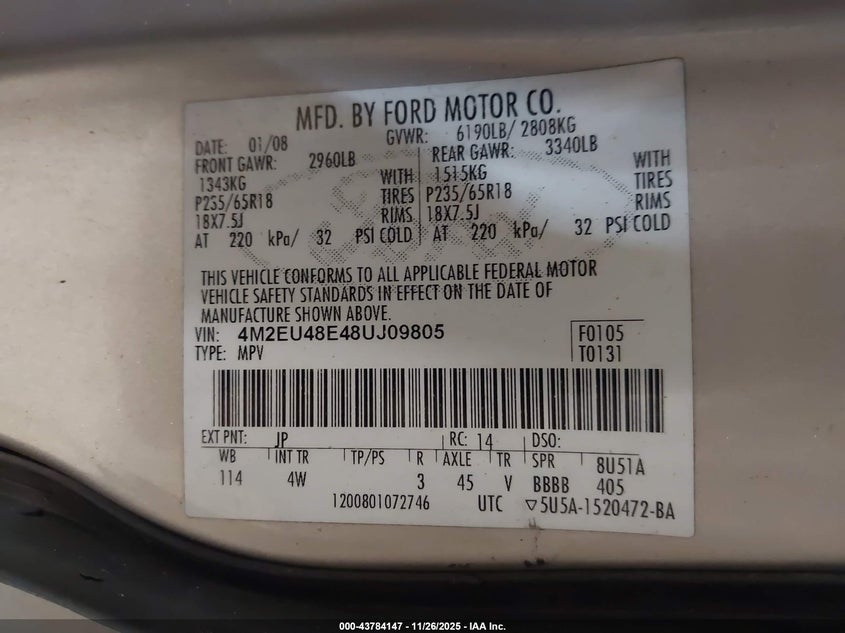 2008 Mercury Mountaineer Premier VIN: 4M2EU48E48UJ09805 Lot: 43784147