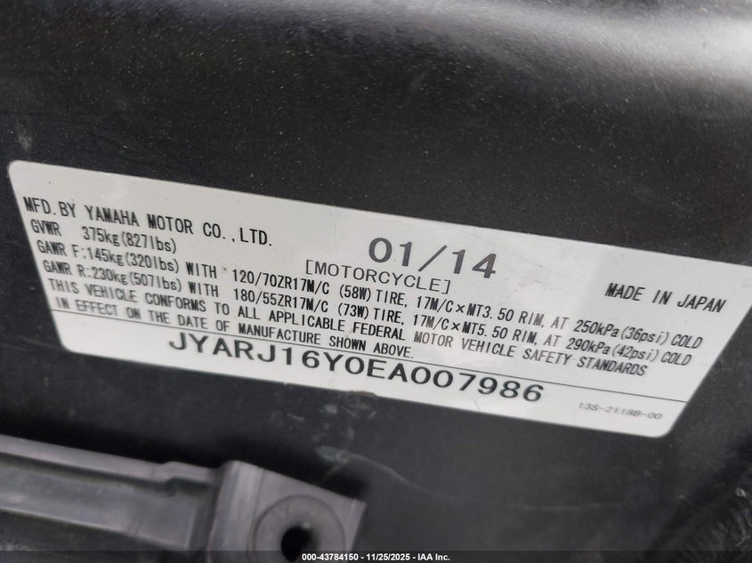2014 Yamaha Yzfr6 C VIN: JYARJ16Y0EA007986 Lot: 43784150