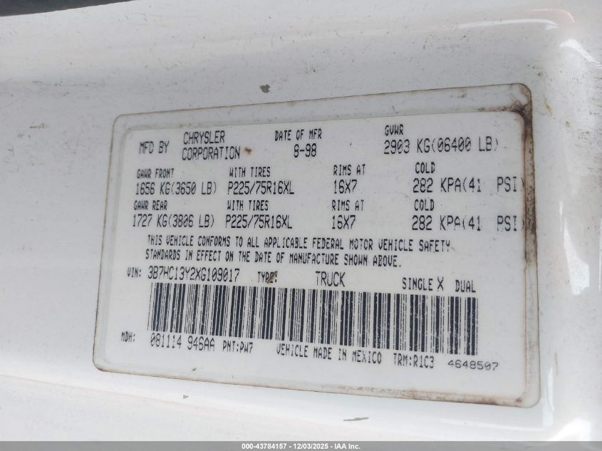 1999 Dodge Ram 1500 St VIN: 3B7HC13Y2XG109017 Lot: 43784157